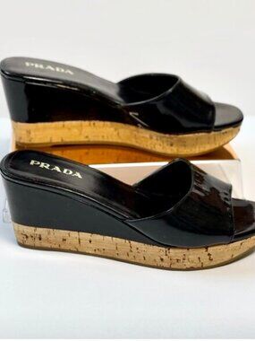 Prada Black Patent Leather & Cork Platform Slides Y2K  Size 36 1/2 US Size 6